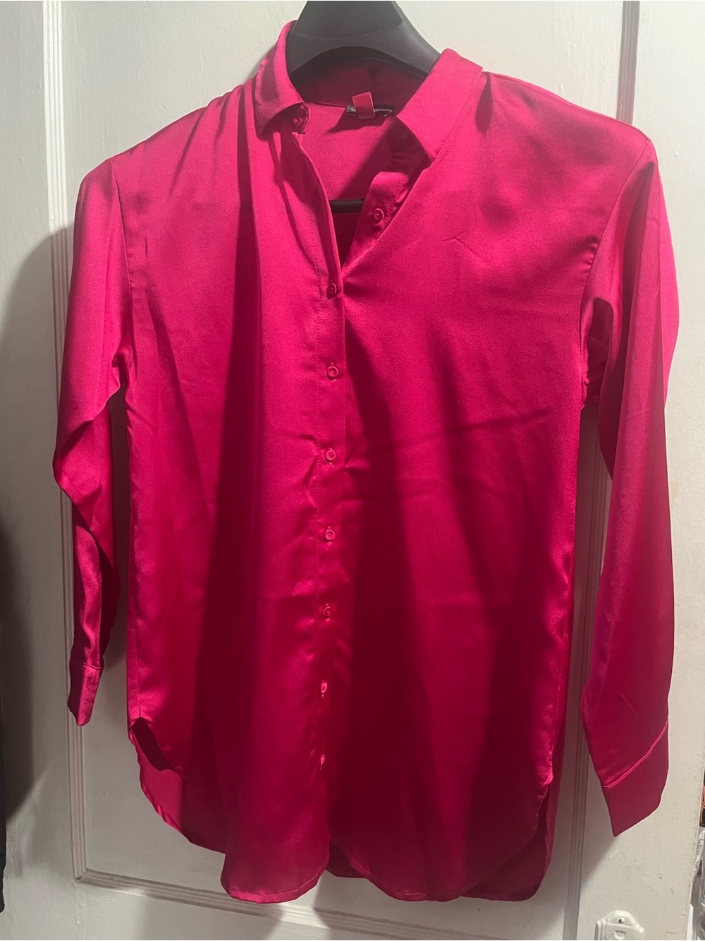 Vince Camuto Bright Hot Pink Satin Button-Up Blouse